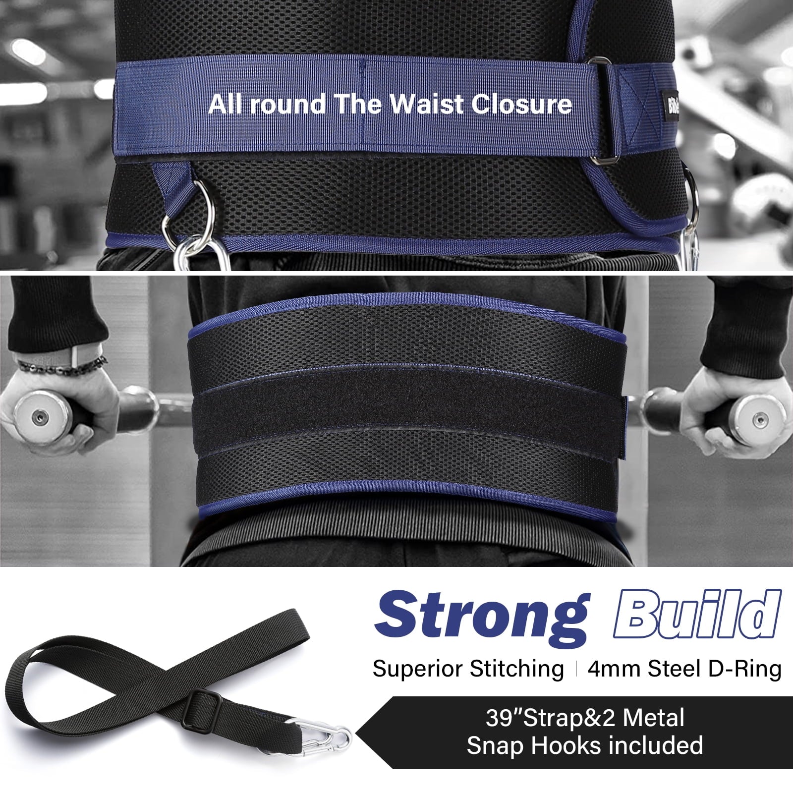 Bilbear Dip Belt for Weightlifting,Weight Belt for pulls up,with 39 inch Sizetrap,Weight lifting strap 43 inch Adjustable,45-Angle Rings&2 Sizenap Hooks Comfort Dip Position