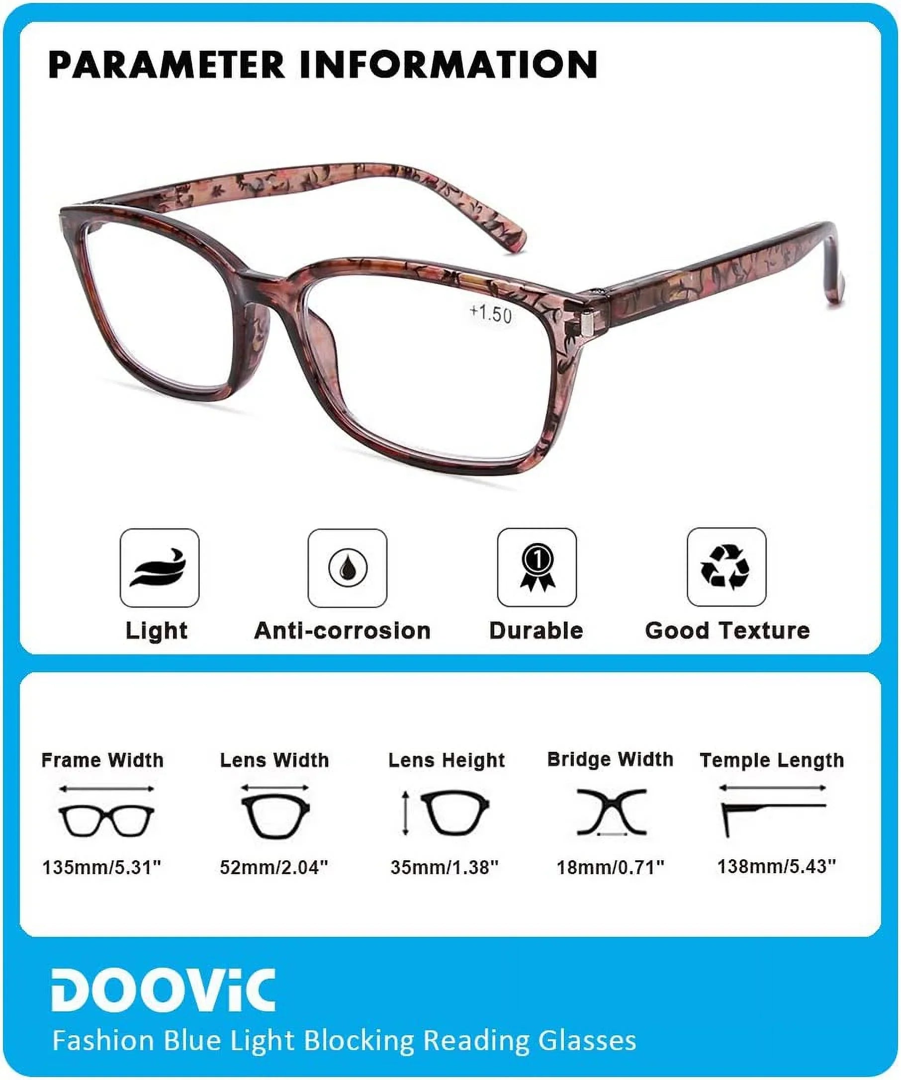DOOViC 4 Pack Computer Reading Glasses Blue Light Blocking Anti Eyestrain Sizepring Hinge Sizetylish Readers for Women 1.50 Sizetrength