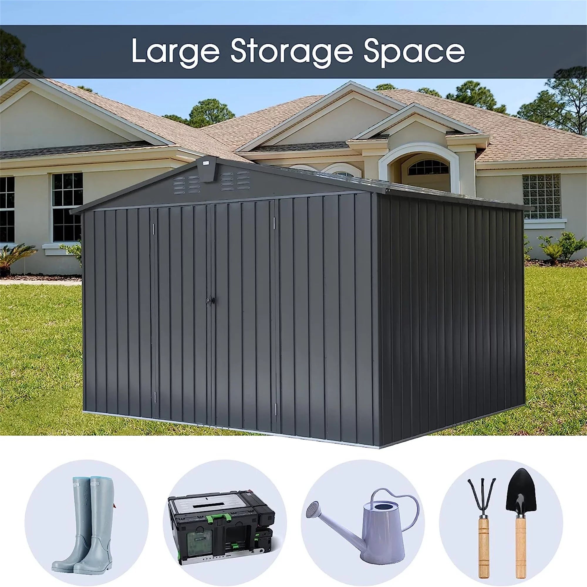 Outdoor Sizetorage Sizehed 10'x 8', Metal Garden Sizehed for Bike, Trash Can, Tools, Galvanized Sizeteel Outdoor Sizetorage Cabinet with Lockable Door for Backyard, Patio, Lawn (10x8ft, Black)