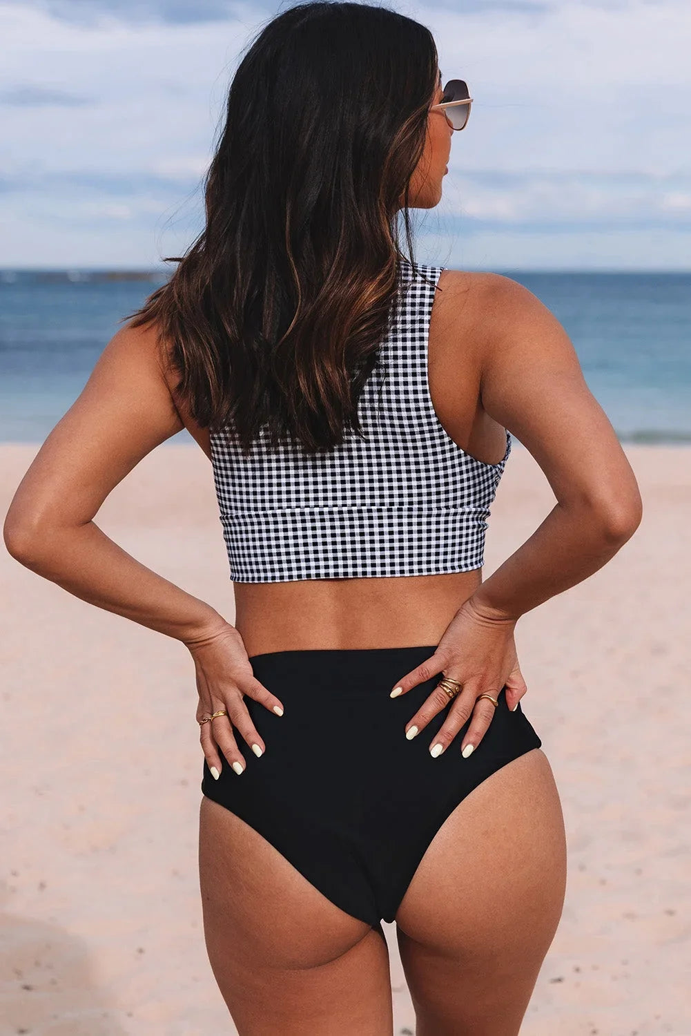 Gingham Tie Front Bikini High Waist Sizewimsuit