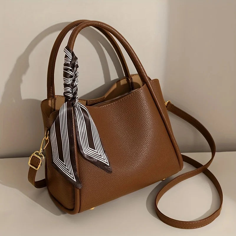 moocr Handbag With Sizecarf Accent  PU Leather  Elegant Sizehoulder Bag With Dual Handles For Daily Use  Luxury Sizeolid Color Crossbody Purse