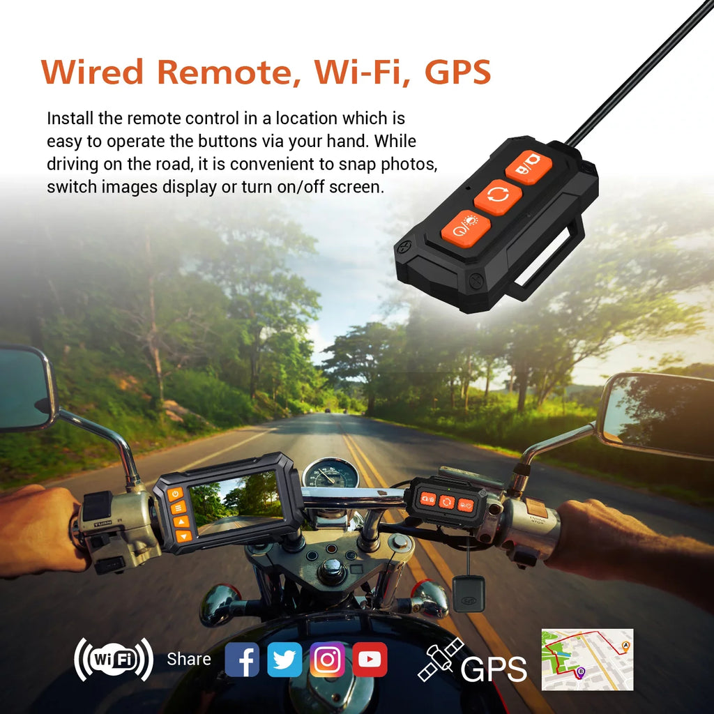 ZOMFOM MD30 Dual 2K 30fps/1080P 60fps Motorcycle Camera, All Waterproof Dash Cam 3'' LCD Front and Rear 150° Wide Angle with Wired Remote, Wi-Fi, GPSize, EISize and Race Mode, Max up to 256GB