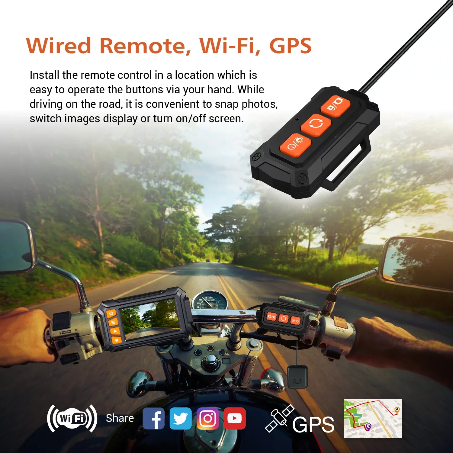 ZOMFOM MD30 Dual 2K 30fps/1080P 60fps Motorcycle Camera, All Waterproof Dash Cam 3'' LCD Front and Rear 150° Wide Angle with Wired Remote, Wi-Fi, GPSize, EISize and Race Mode, Max up to 256GB