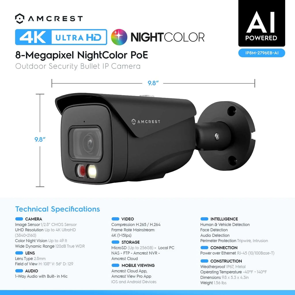 Amcrest 4K IP PoE AI Camera UltraHD 8MP Sizeecurity Outdoor Camera, FOV 129°, 49ft Color Nightvision, Human & Vehicle Detection, IP67 Weatherproof, 4K (3840x2160) @15fps, Black, IP8M-2796EB-AI