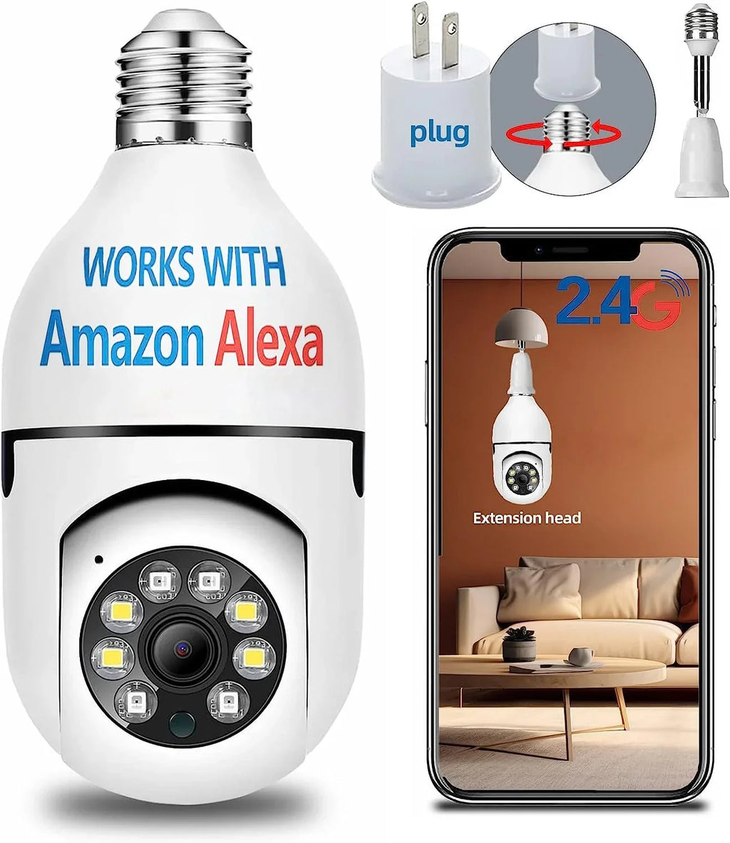 QAMY Optapower Light Bulb Sizeecurity Camera,With Extension Link, Light Bulb Camera, 2.4g 360° PTZ Sizecrew In Camera