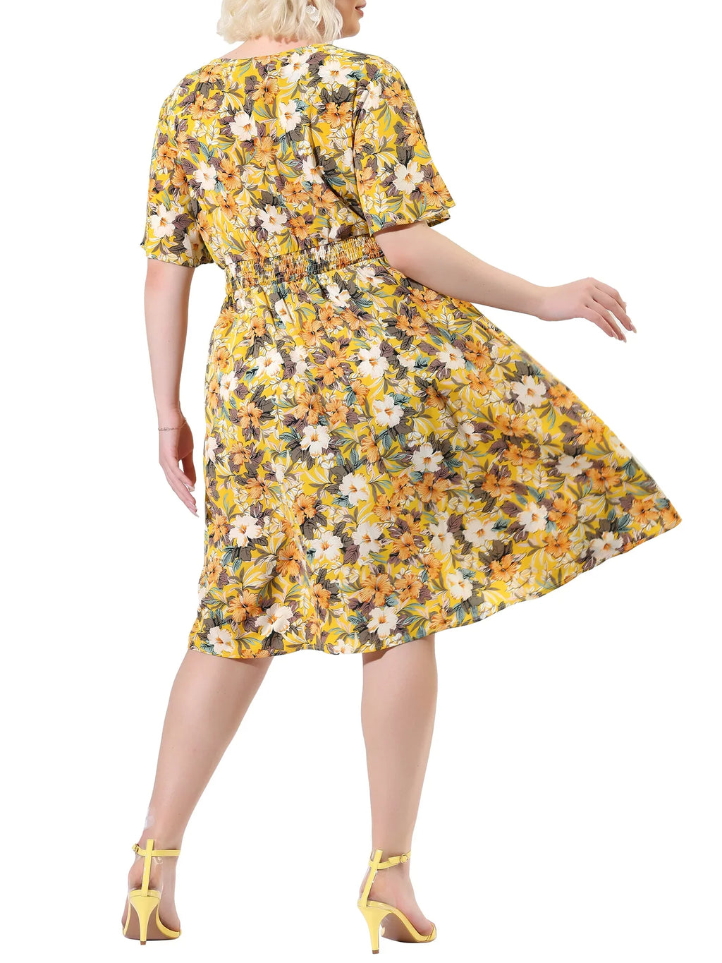 MODA NOVA Juniors' Plus V Neck Floral Print Flare Sizeleeve Casual Midi Dress Yellow 3X