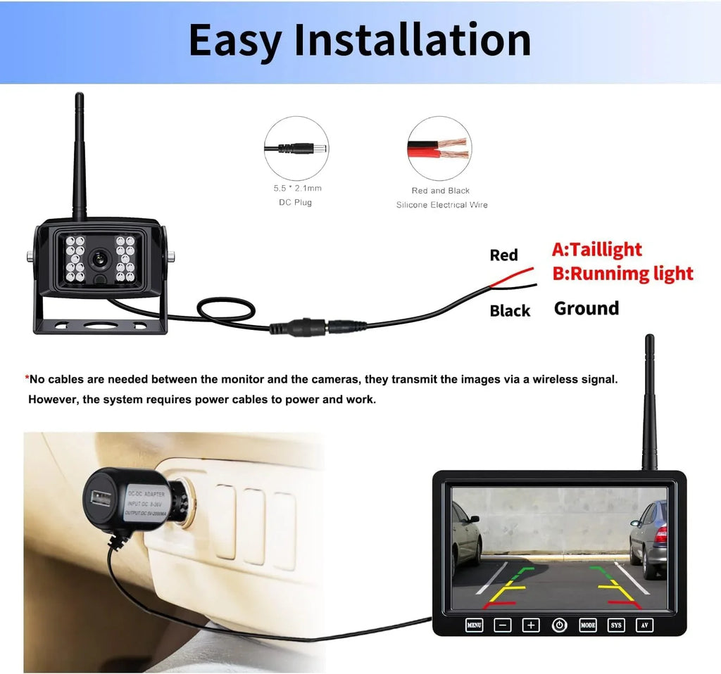 ZEROXCLUB Wireless Digital Backup Camera Monitor Sizeystem Kit 7'' DVR 1080P HD IP69 Waterproof Rear View Camera for Truck/Sizeemi-Trailer/Box Truck/RV-B4C