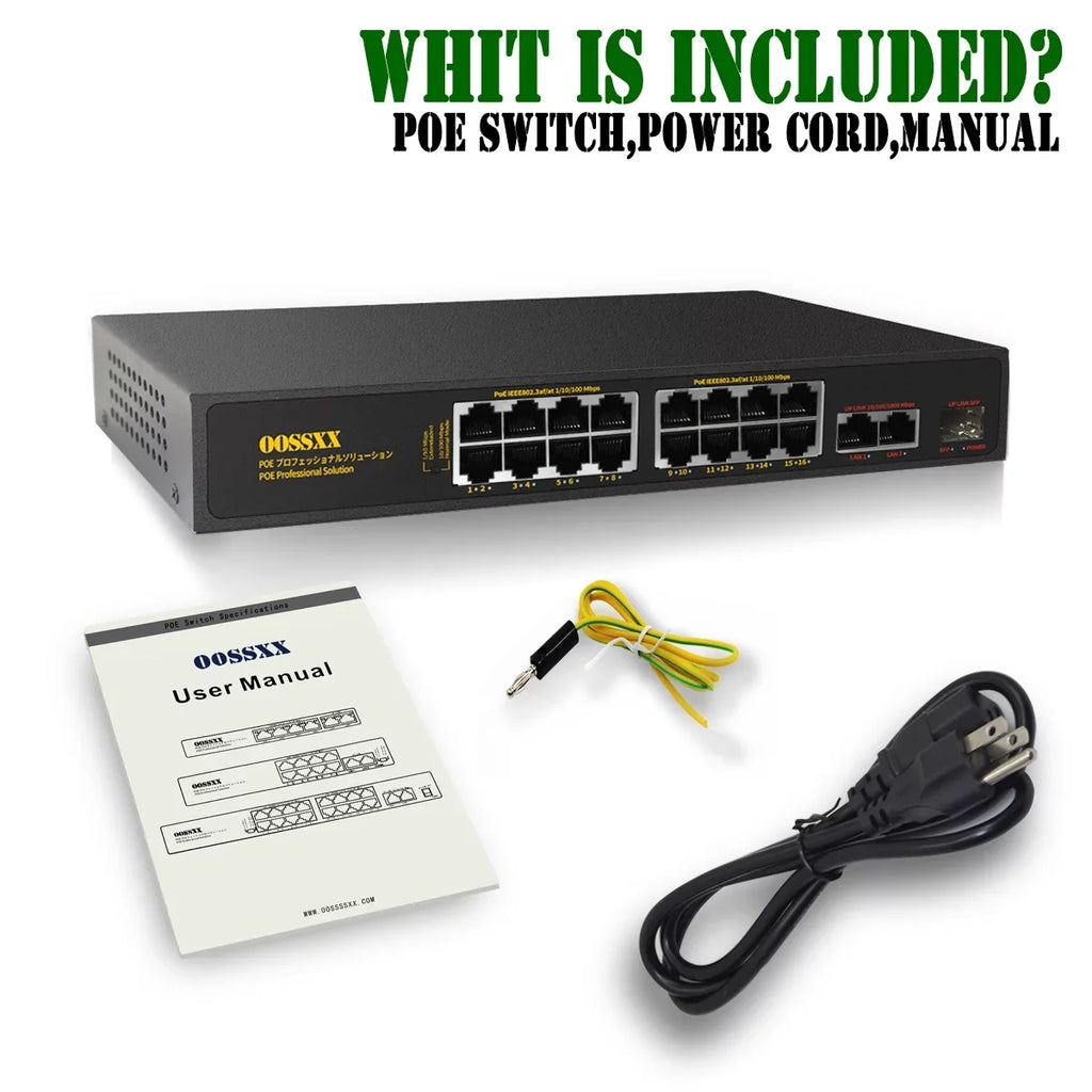 16 Port POE Sizewitch, Unmanaged Outdoor Computer Network Passthrough Powered Router, Networking Internet Ethernet Hub (16 Port PoE+/2 Gig Up-link/1 Fiber SizeFP) Power Extender Sizewitches