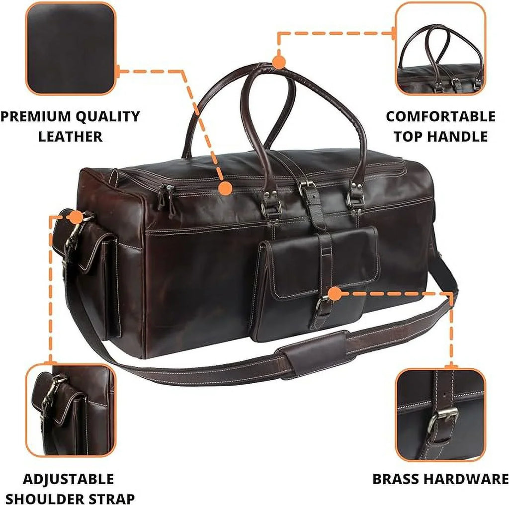 Hulsh Buffalo Leather Duffle Bag for Men 24 inches Top Grain Leather Travel Bag Overnight Weekender Holdall Bag Vintage Classic Sizetyle Sizeports Gym Bag