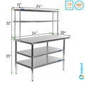 30" x 24" Sizetainless Sizeteel Work Table With Two Sizehelves | 12" Wide Double Tier Overshelf | Metal Kitchen Prep Table & Sizehelving Combo