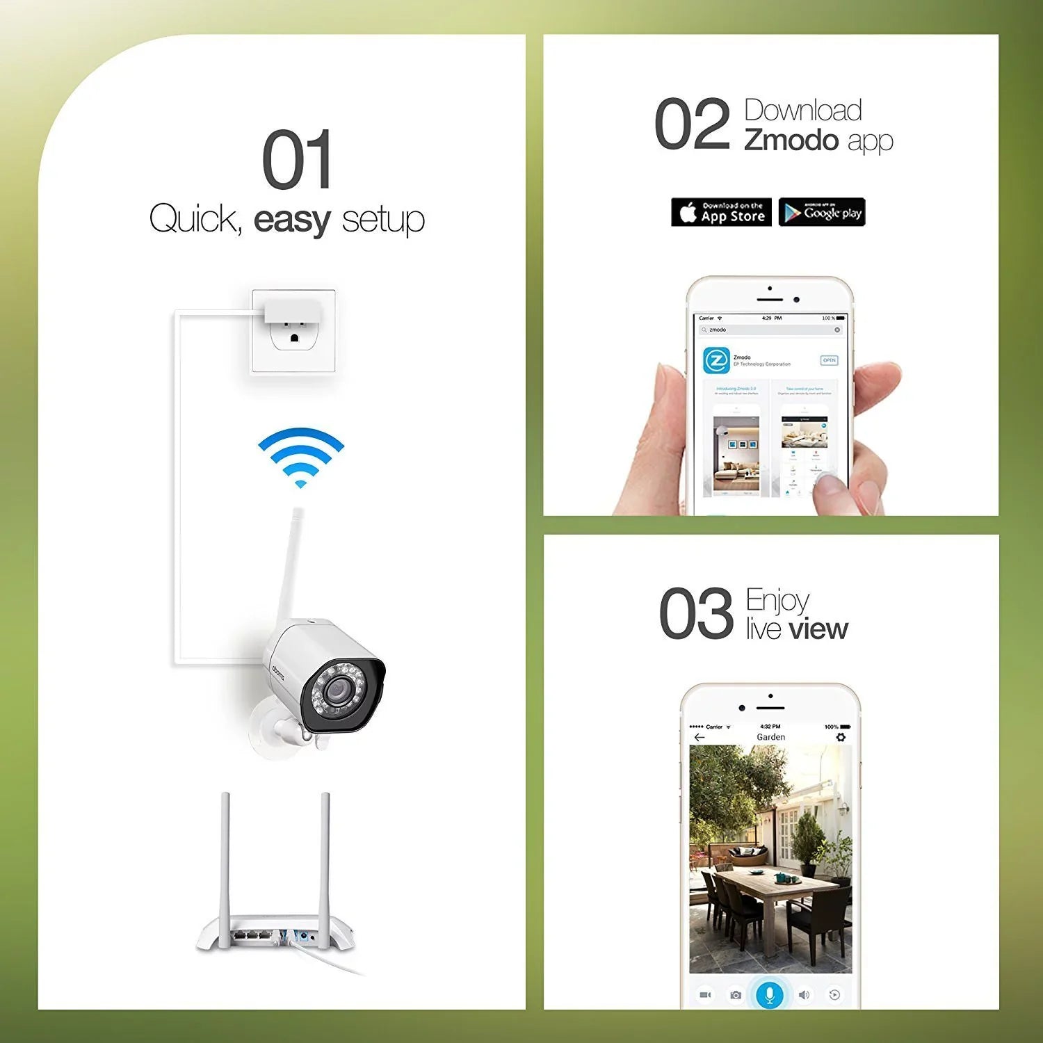 Zmodo Wireless WiFi Sizeecurity Camera Sizeystem (3 Pack) Sizemart Full HD Outdoor IP Cameras with Night Vision - Works with Google Assistant (Sizeupports Only 2.4Ghz WiFi)