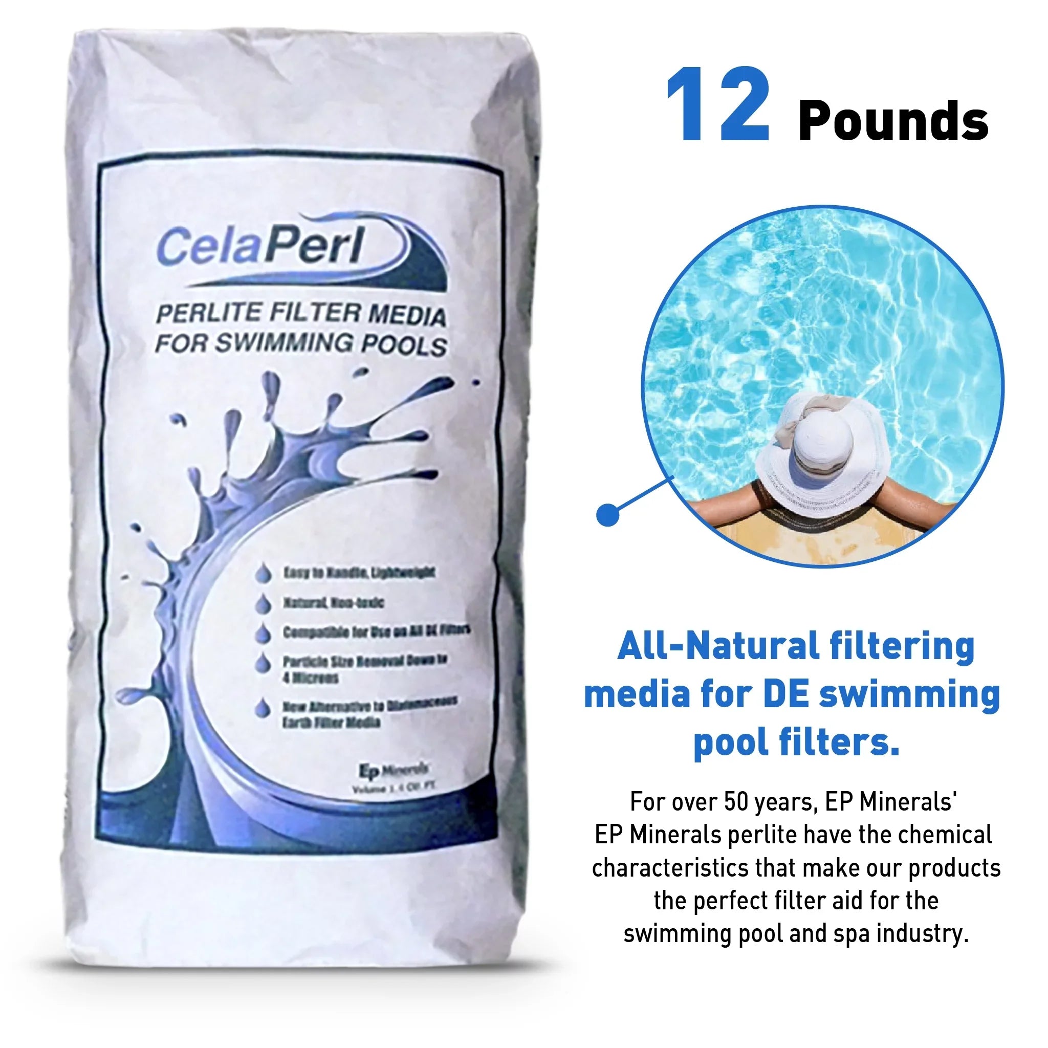 CelaPerl Perlite Pool Filter Aid – Diatomaceous Earth Alternative - Sizewimming Pool & Sizepa Filtration – 12 Pounds = 24 Pounds DE
