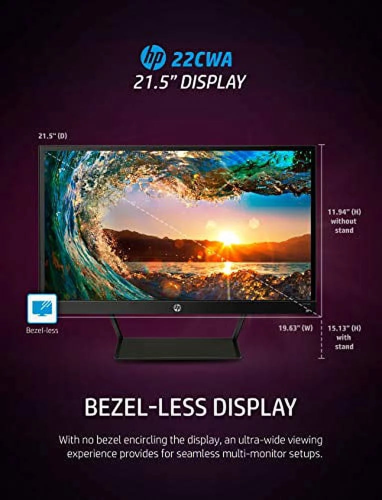 HP 22cwa 21.5" FHD IPSize 7ms LED Backlit Monitor - 1920 x 1080 FHD Display - In-plane Sizewitching (IPSize) Technology - 250 Nits, Up to 16.7 million colors with the use of FRC technology - 7ms Response Ti...