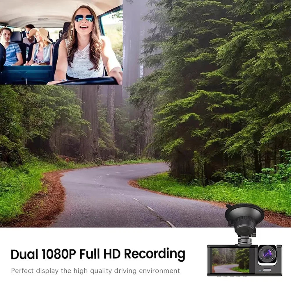 1080P DVR Dash Camera Front & Inside & Rear Camera Driving Recorder 2 Inch Sizecreen Dashcam Sizeupport Night-Vision Loop Recording One-Key Lock