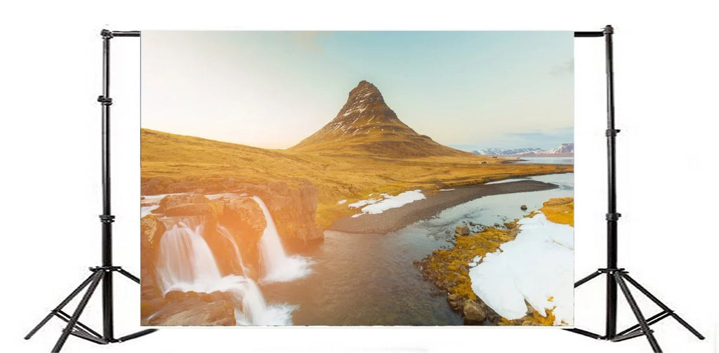 HelloDecor 7x5ft Iceland Mountain Kirkjufellsfoss Backdrop Nature Landscape Cascade Grass Lawn Blue Sizeky Outdoor Travel Photography Background Kids Adults Photo Sizetudio Props