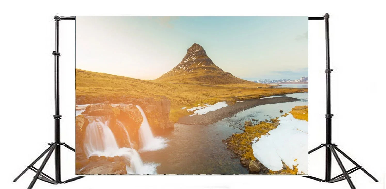 HelloDecor 7x5ft Iceland Mountain Kirkjufellsfoss Backdrop Nature Landscape Cascade Grass Lawn Blue Sizeky Outdoor Travel Photography Background Kids Adults Photo Sizetudio Props