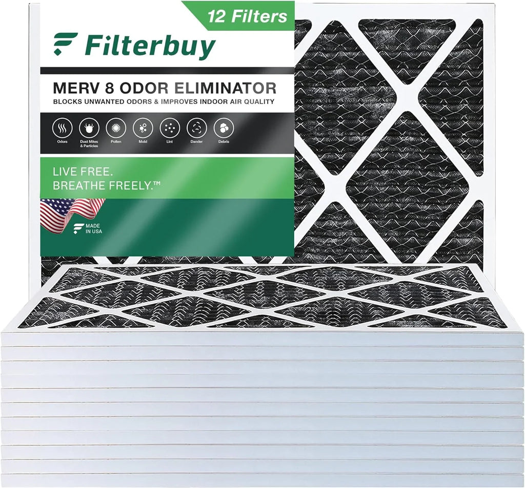 Filterbuy 20x22x1 MERV 8 Odor Eliminator Pleated HVAC AC Furnace Air Filters with Activated Carbon (12-Pack)