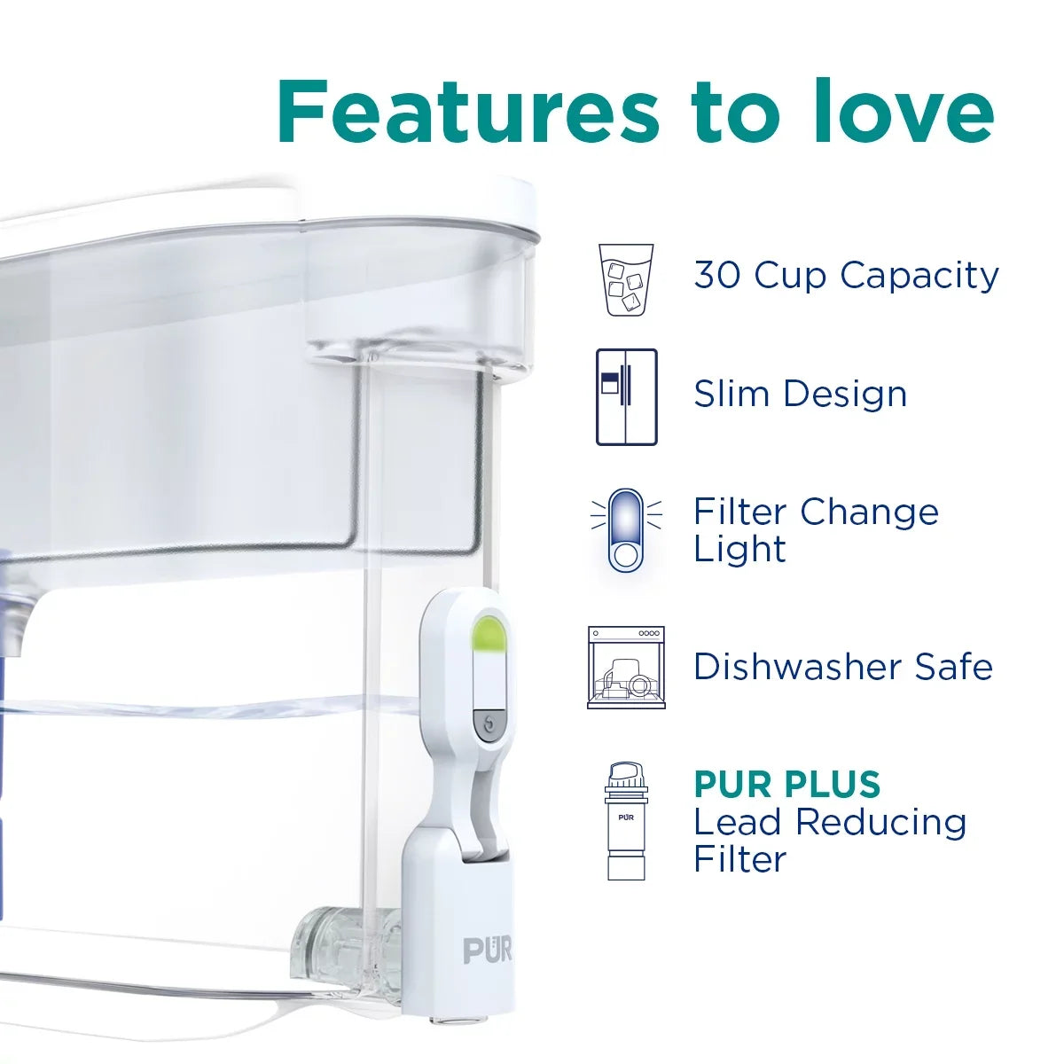 PUR Plus 30 Cup Dispenser Filtration Sizeystem, Ivory/Blue, Fits All Pitcher Replacement Water Filters