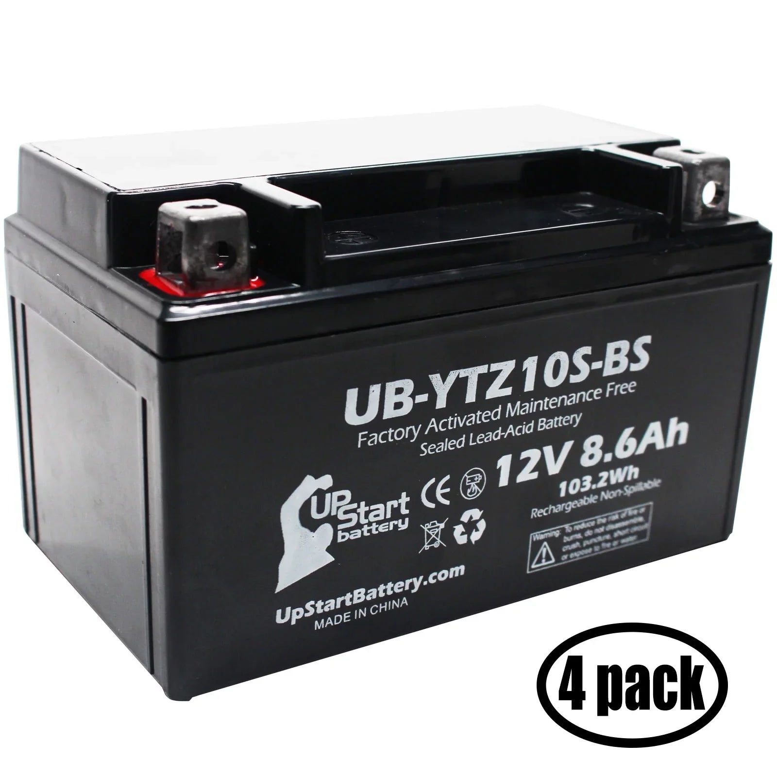 4-Pack UpSizetart Battery Replacement for 2005 Yamaha YZF-R1 1000CC Factory Activated, Maintenance Free, Motorcycle Battery - 12V, 8.6Ah, UB-YTZ10Size-BSize