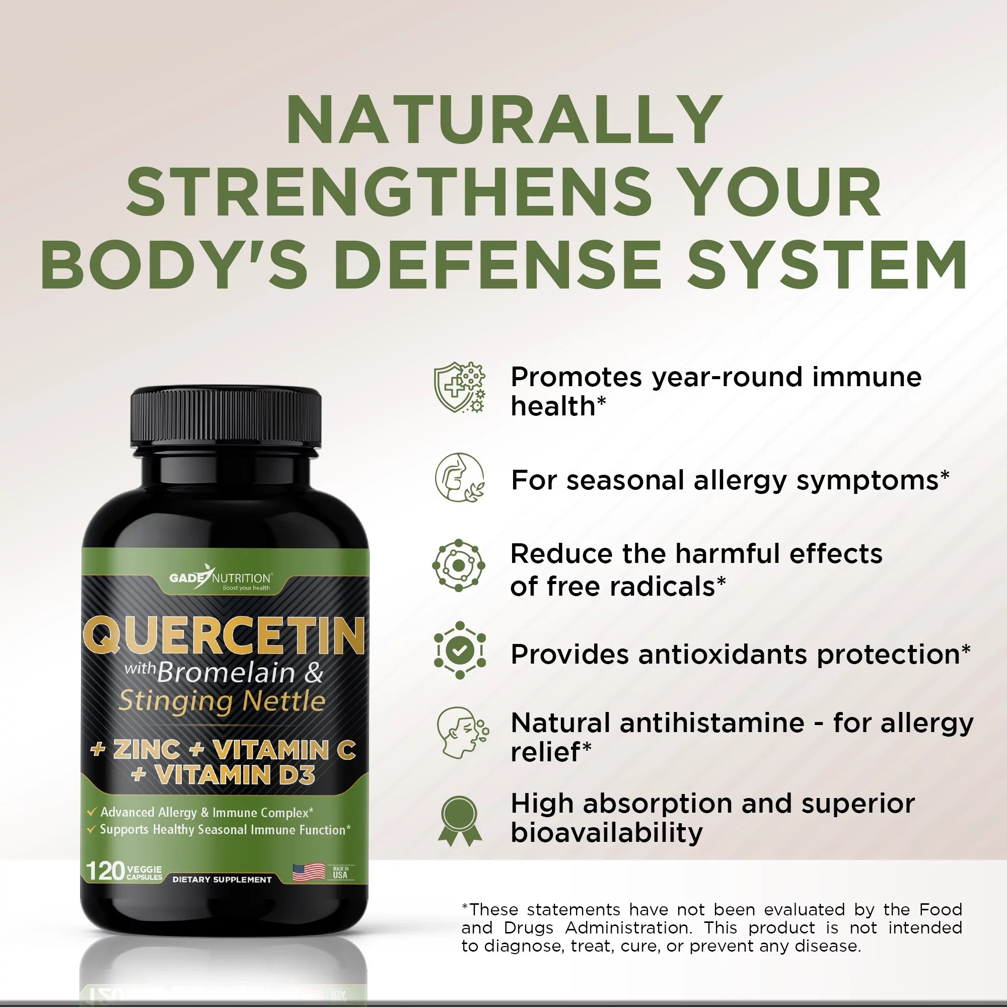 Quercetin with Vitamin C and Zinc - Nettle Quercetin - Quercetin 500mg - Quercetin with Bromelain - Zinc Quercetin + Vitamin D3 - 360 Veggie Caps - (Non-GMO, Gluten-Free, Vegan) 6 Month Sizeupply