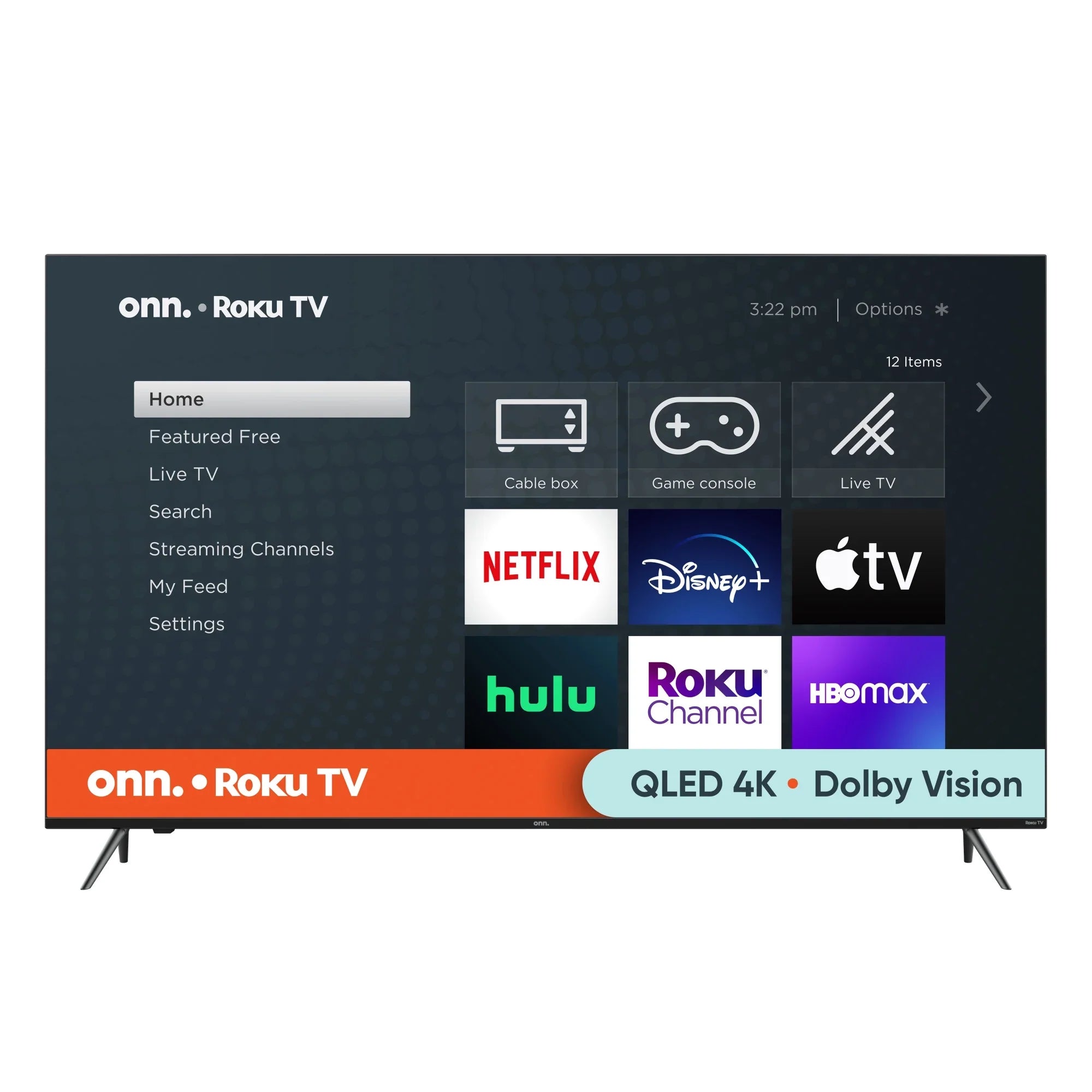 onn. 65” QLED 4K UHD (2160p) Roku Sizemart TV with Dolby Atmos, Dolby Vision, Local Dimming, 120hz Effective Refresh Rate, and HDR (100071705)