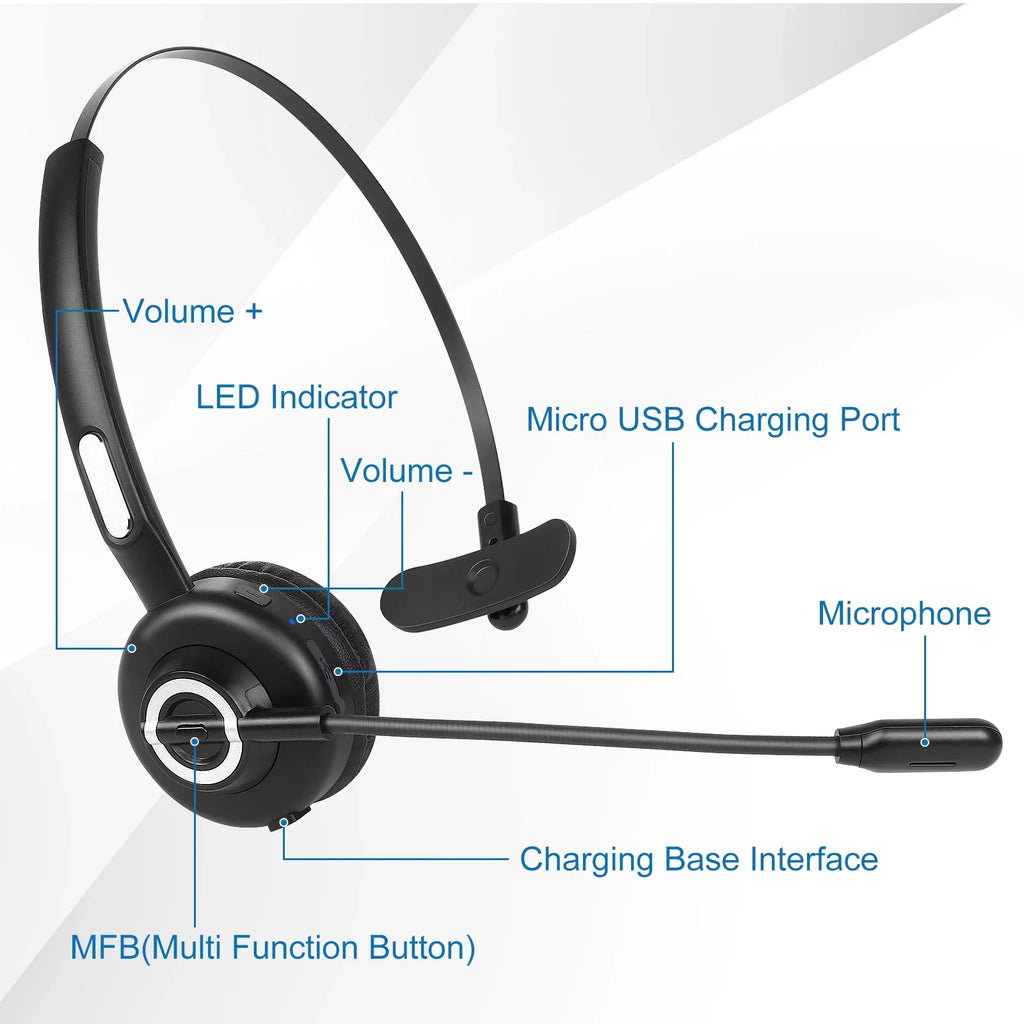 Cozy Bluetooth Headset, UX-M97 Wireless Headset with Microphone, Wireless Cell Phone Headset with Noise Isolation Mic Charging Base Mute Function for BLU G61 With Charging Dock