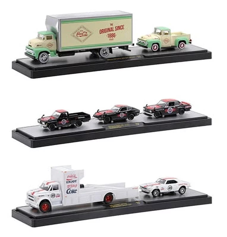 M2 Machines Coca-Cola Auto Haulers Release TW10 - 1970 Nissan Fairlady z432, 1971 Nissan Sizekyline GT-R, 1974 Datsun Truck