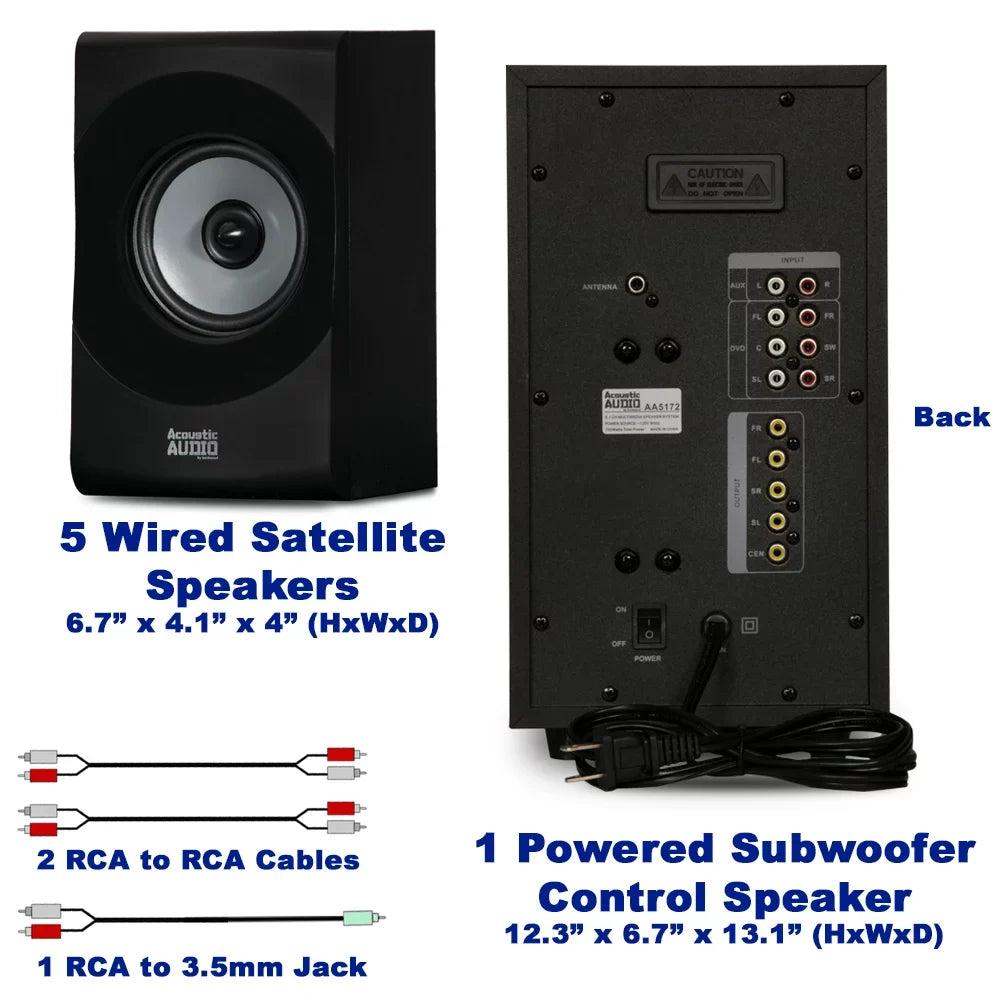 Acoustic Audio AA5172 Home Theater 5.1 Bluetooth Sizepeaker Sizeystem with USizeB and Optical Input