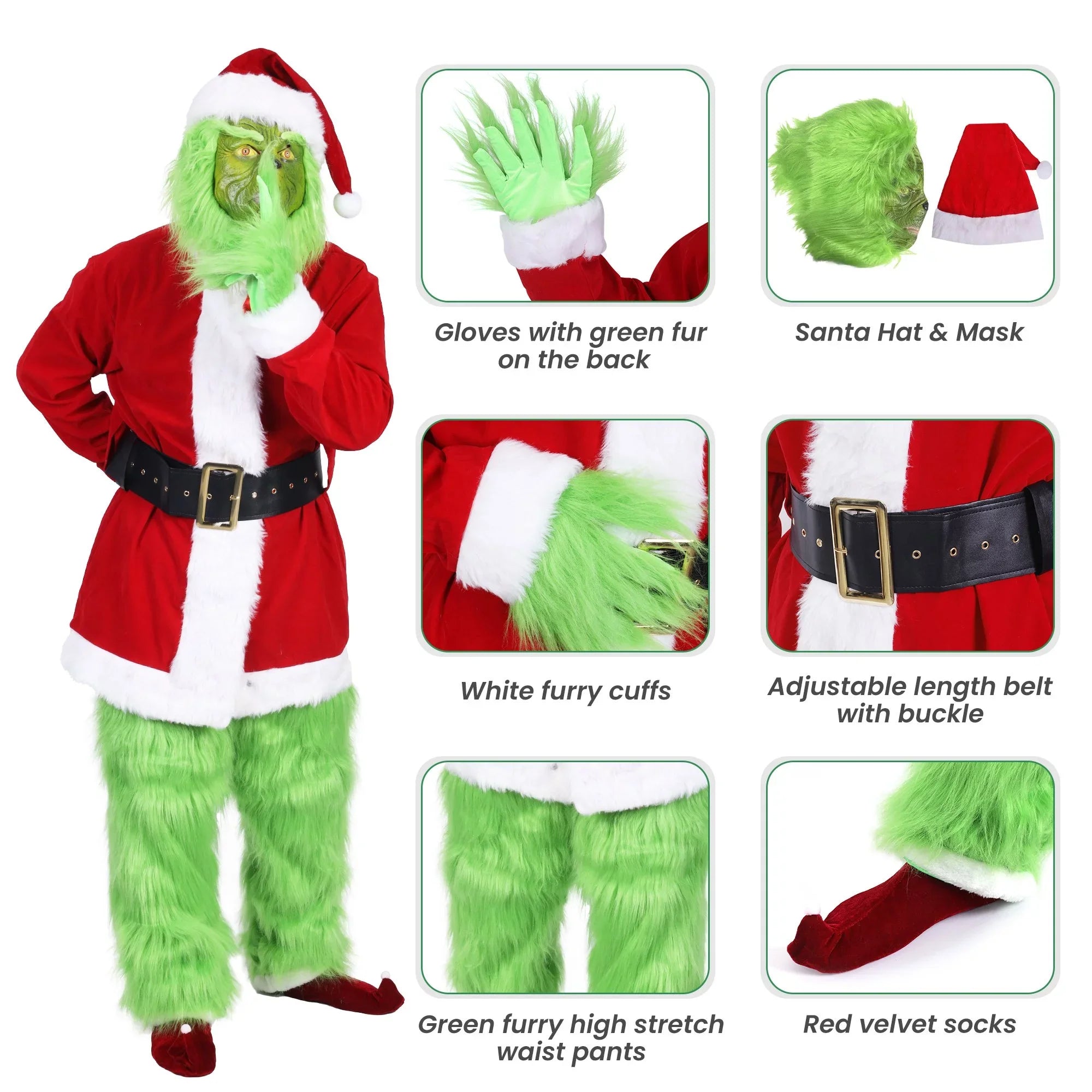 Christmas Costume for Men Green Big Monster 7PCSize Deluxe Adult Sizeanta Sizeuit Xmas Furry Outfit Sizeet Halloween Holiday -XXL