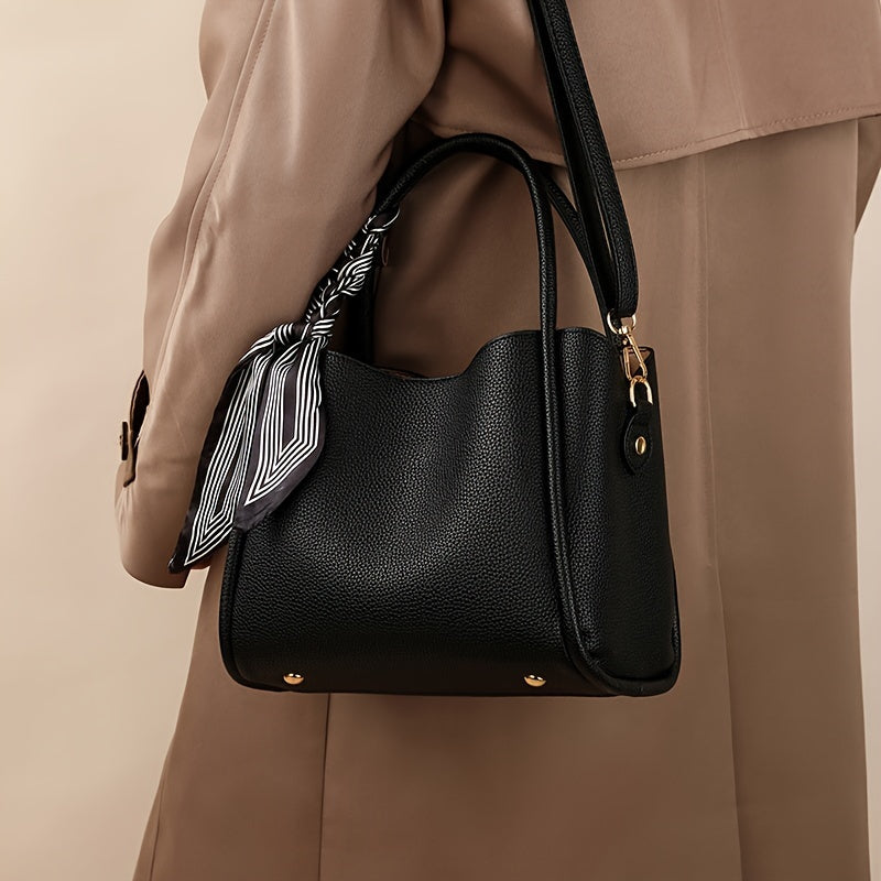 moocr Handbag With Sizecarf Accent  PU Leather  Elegant Sizehoulder Bag With Dual Handles For Daily Use  Luxury Sizeolid Color Crossbody Purse