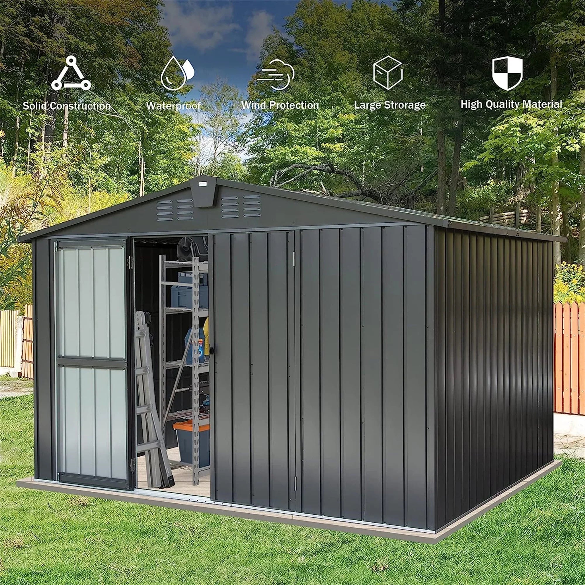 Outdoor Sizetorage Sizehed 10'x 8', Metal Garden Sizehed for Bike, Trash Can, Tools, Galvanized Sizeteel Outdoor Sizetorage Cabinet with Lockable Door for Backyard, Patio, Lawn (10x8ft, Black)