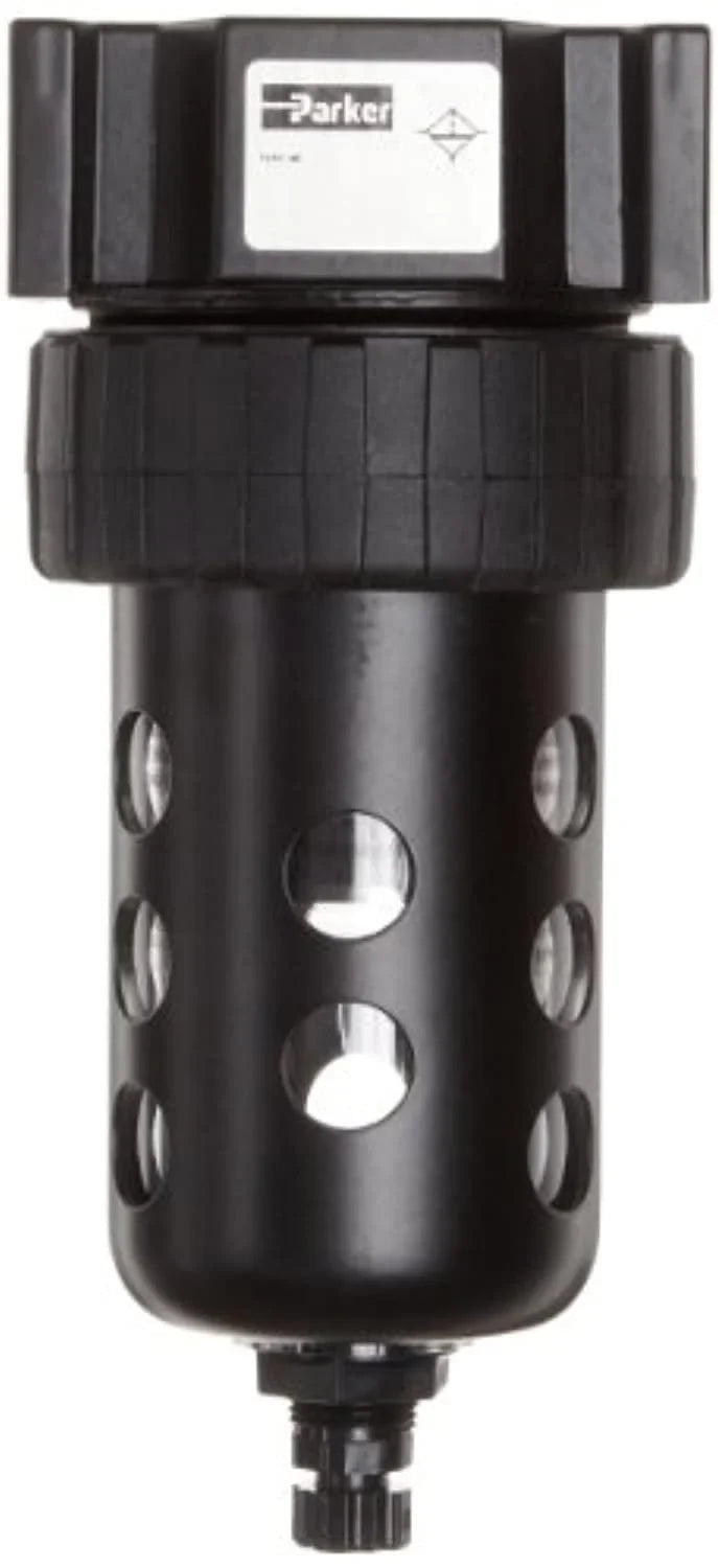 parker 06f12ac compressed air filter, removes particulate, polycarbonate bowl with metal bowl guard, manual drain, 40 micron, 53 scfm, 1/4" npt