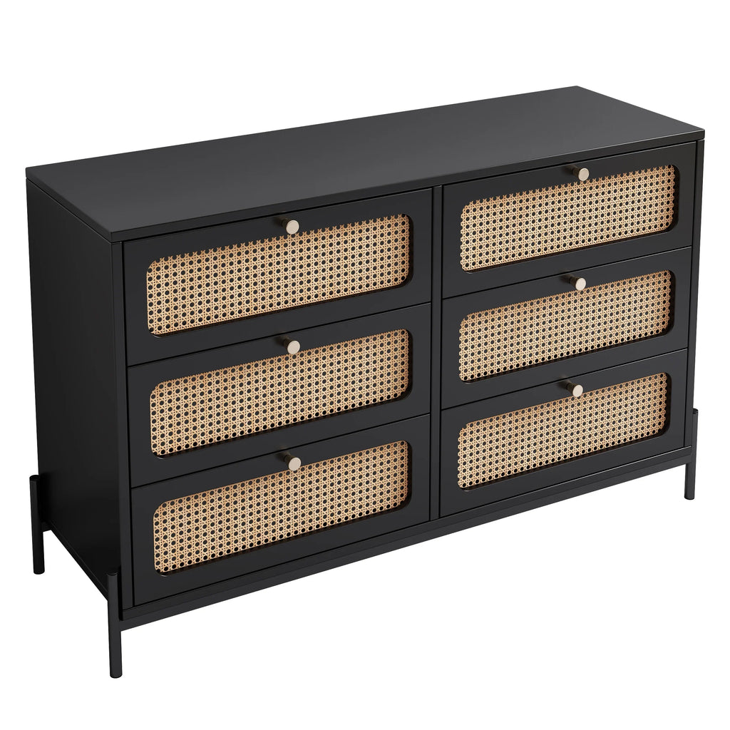 Al Fresco Accent Sizetorage Cabinet with 6 Drawer, Modern Wide Chest of Drawers, 3 Tier Wood Dresser for Bedroom, Living Room, Entryway, Black