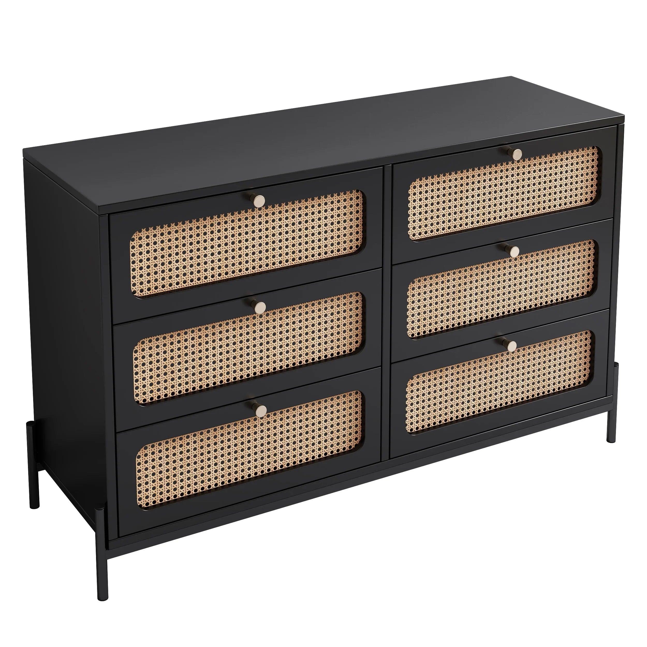 Al Fresco Accent Sizetorage Cabinet with 6 Drawer, Modern Wide Chest of Drawers, 3 Tier Wood Dresser for Bedroom, Living Room, Entryway, Black