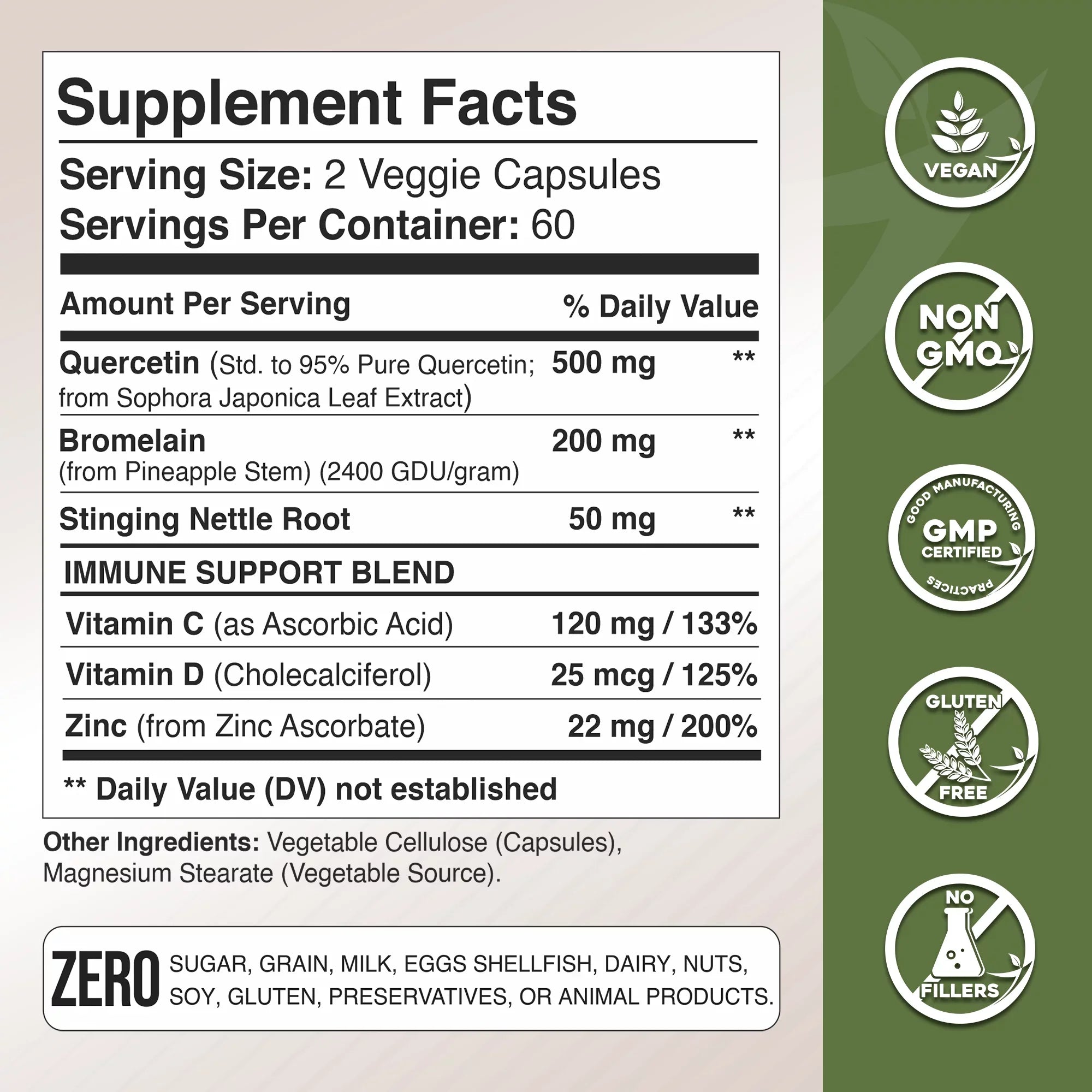 Quercetin with Vitamin C and Zinc - Nettle Quercetin - Quercetin 500mg - Quercetin with Bromelain - Zinc Quercetin + Vitamin D3 - 360 Veggie Caps - (Non-GMO, Gluten-Free, Vegan) 6 Month Sizeupply