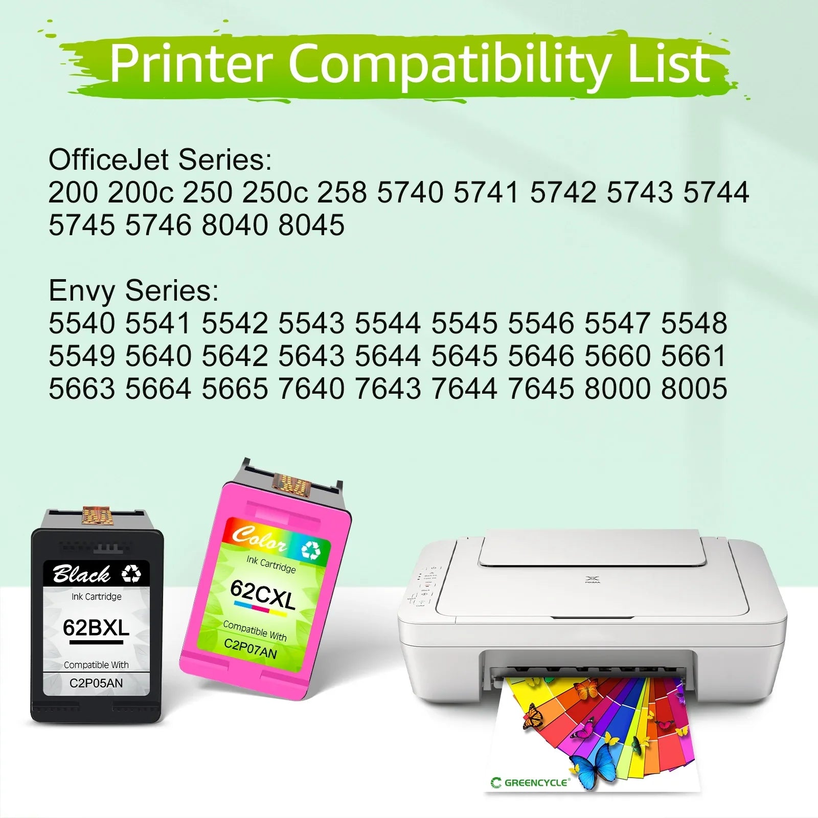 GREENCYCLE 62XL Ink Cartridges Replacement for HP High Yield 62 XL Compatible with Envy 5540 5640 5660 7644 7645 OfficeJet 5740 8040 OfficeJet 200 250 (2 Tri-Color)