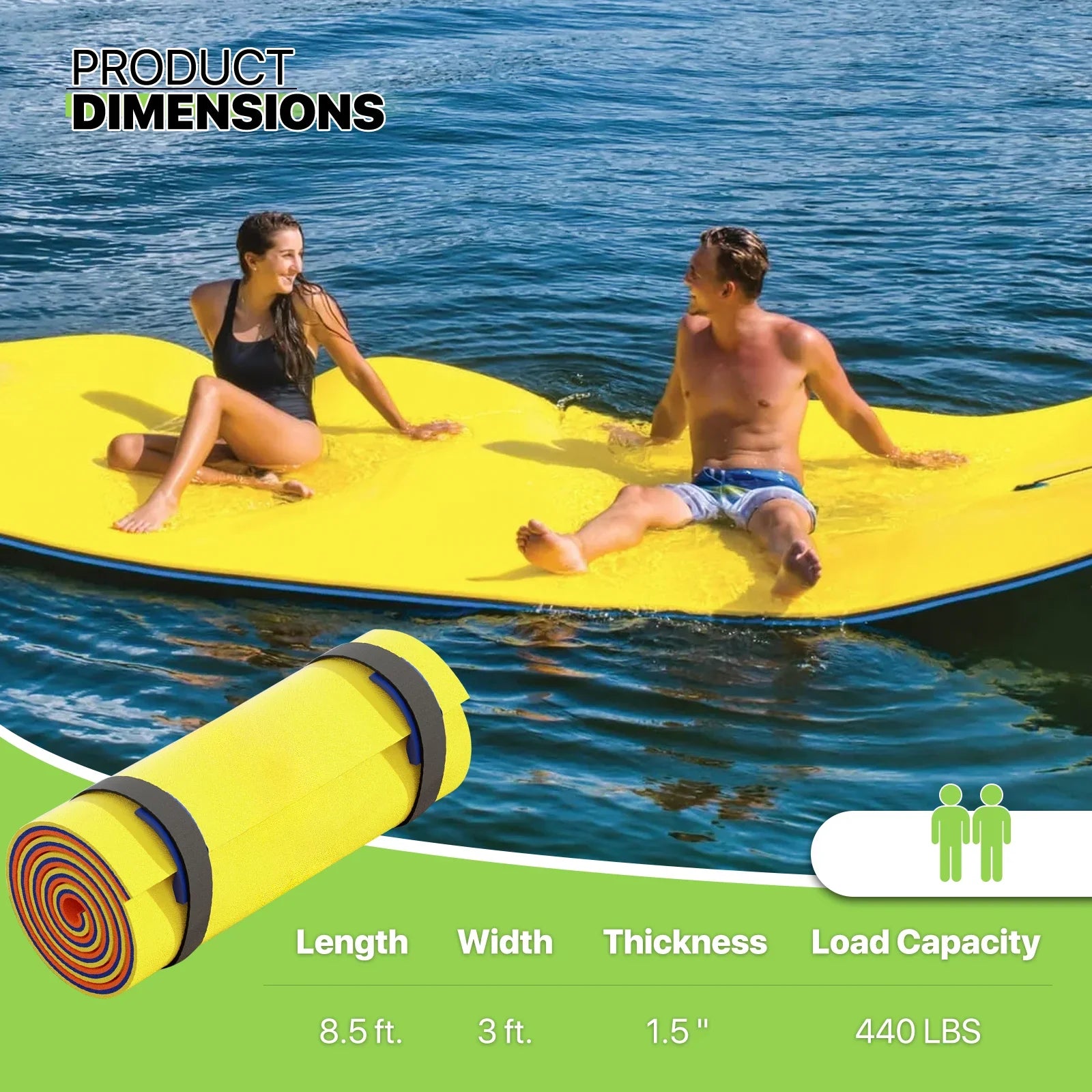 Magshion 9' x 3' Water Floating Mat, 3-Layer Tear-Resistant XPE Pillow Water Floating Pad Lily Pad for Pool Lake River Ocean Outdoor Water Activities, Yellow