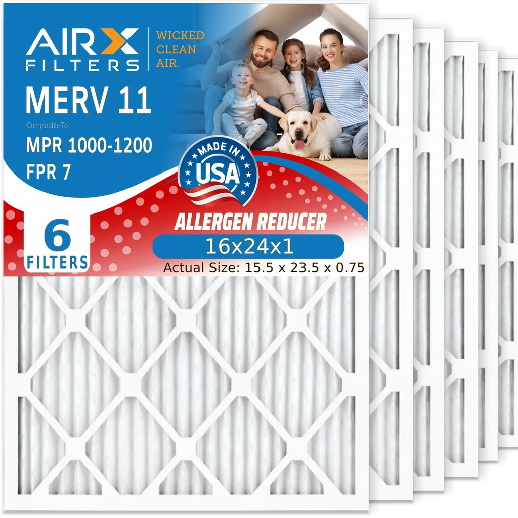 16x24x1 Air Filter MERV 11 Comparable to MPR 1000, MPR 1200 & FPR 7 Electrostatic Pleated Air Conditioner Filter 6 Pack HVAC Premium USizeA Made 16x24x1 Furnace Filters by AIRX FILTERSize WICKED CLEAN AIR.