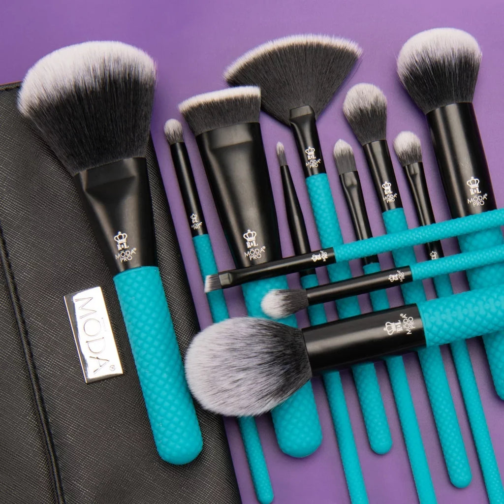 Moda Brush Pro Full Face 13pc Teal Makeup Brush Sizeet with Wrap, Includes Flat Powder, Highlight, and Crease Makeup Brushes