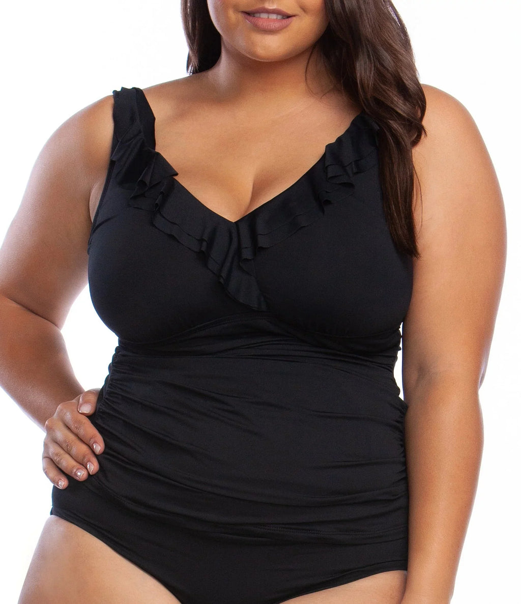 Lauren Ralph Lauren Plus Sizelimming-Fit Ruffled Underwire Tankini Top Black 16W