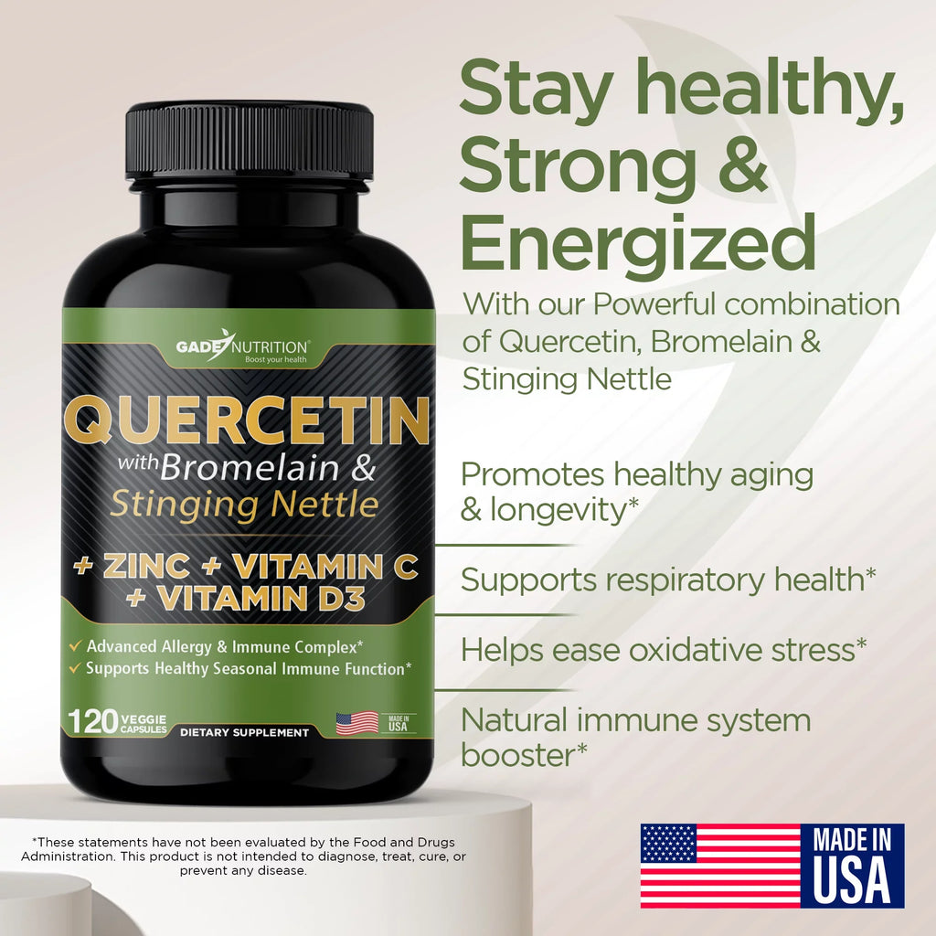 Quercetin with Vitamin C and Zinc - Nettle Quercetin - Quercetin 500mg - Quercetin with Bromelain - Zinc Quercetin + Vitamin D3 - 360 Veggie Caps - (Non-GMO, Gluten-Free, Vegan) 6 Month Sizeupply