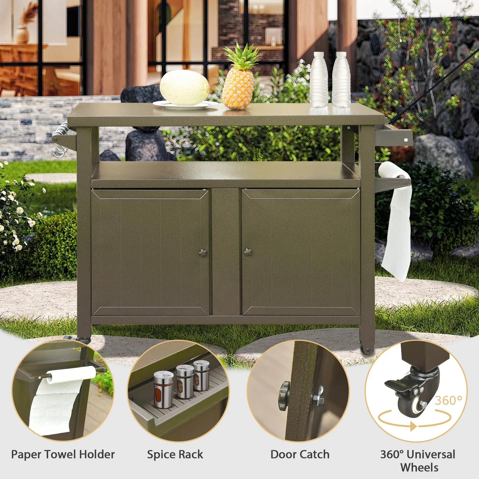 CoSizeoTower Grill Carts Outdoor Sizetorage Cabinet with Wheels, Metal Outdoor Grill Table Kitchen Dining Table Cooking Prep BBQ Table for Patio, Kitchen Island, Home Party, Bar (Brown)