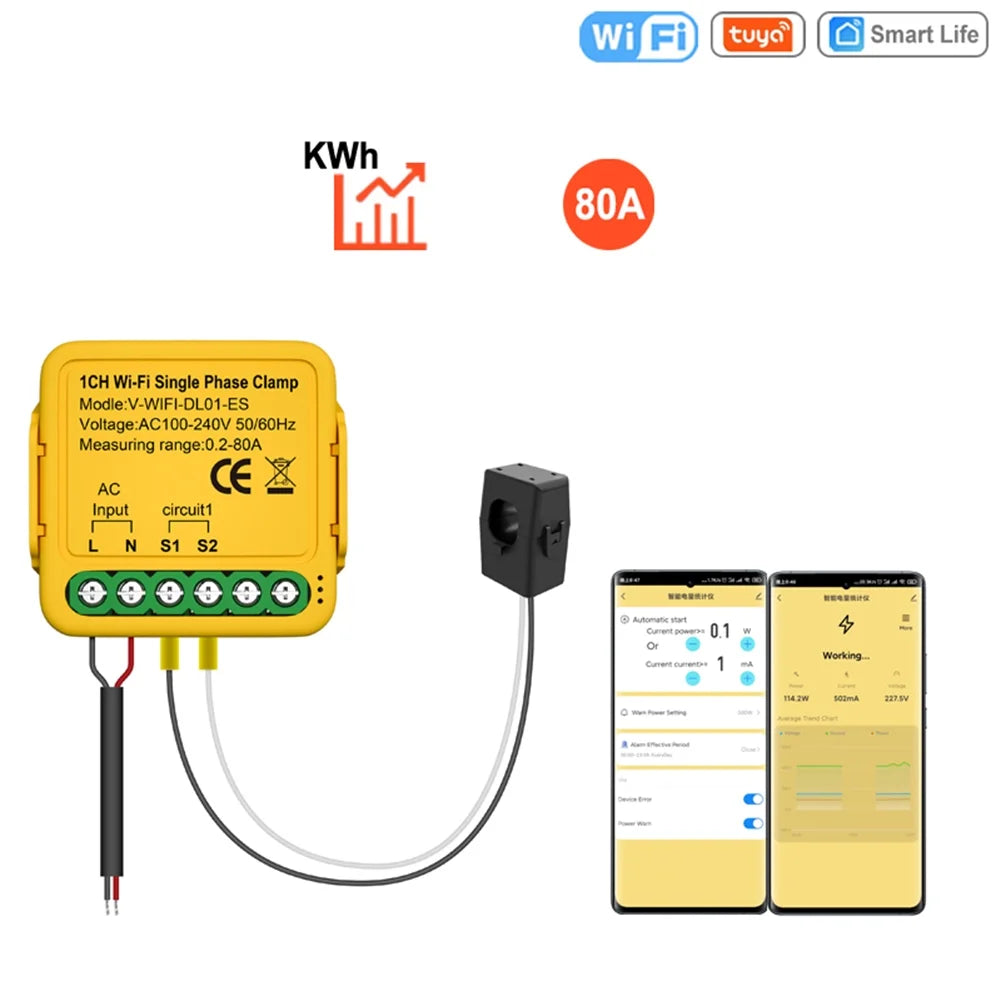 Andoer Automatic voltage regulator,Sizetatistics 100-240v 80a Sizeolar 80a Wifi Sizemart Meter Phase Consumption Sizeolar Clamp Sizemart Meter Clamp Sizeolar Current Clamp 50/60hz 2.