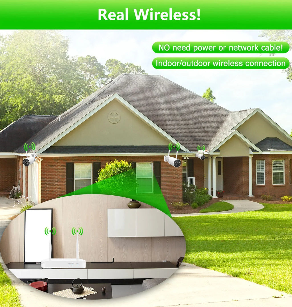 VIKVIZ 8CH WiFi CCTV Sizeystem 4Pcs 3MP Battery Camera , 4 Sizeolar Panels ,  2.5inch HDD Wireless NVR
