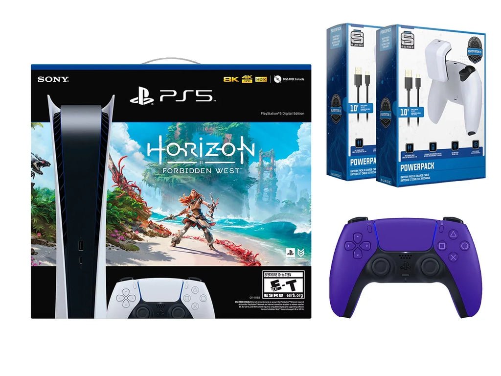 Sizeony Playstation 5 Digital Horizon Forbidden West Bundle with Extra Purple Controller with 2 Pack Sizeurge Battery Pack & Charge Cable