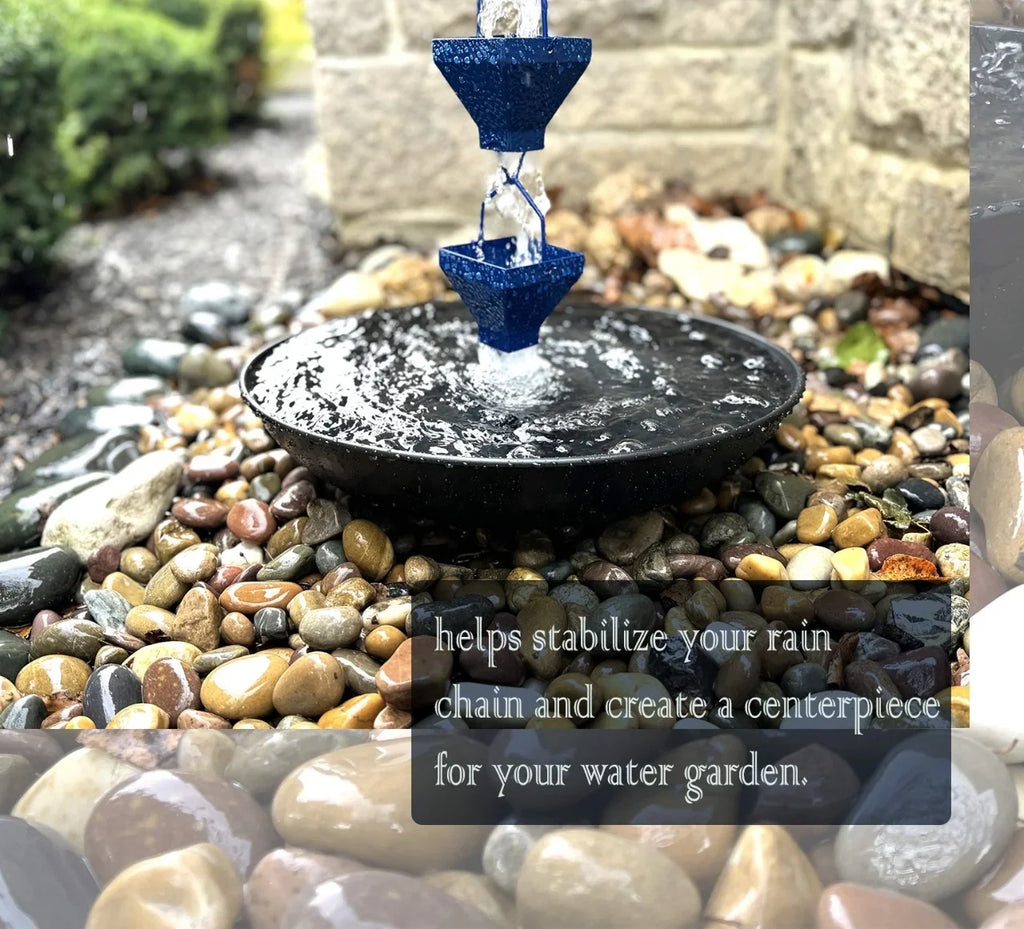 U-nitt Rain Chains 16" Anchoring Catch Basin/Receptacle/Bowl/Dish/Anchor, Black Powder Coated, Hammered, for Roof Gutter Rain Chain Installation, A Decorative Fountain, A Bird Bath/Birdbath, 976BLK