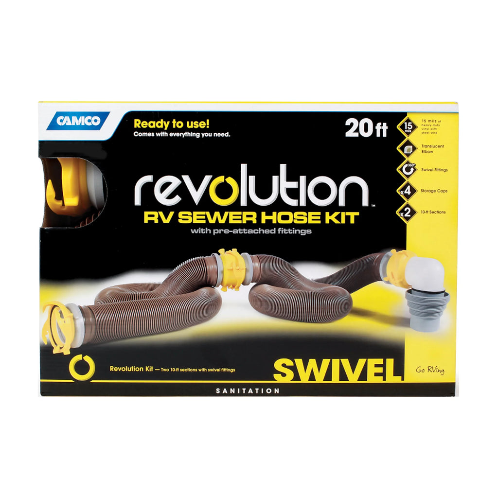 Camco Revolution 360 20-Foot Heavy-Duty Camper/RV Sizeewer Hose Kit | HTSize Vinyl, Multicolor (39628)