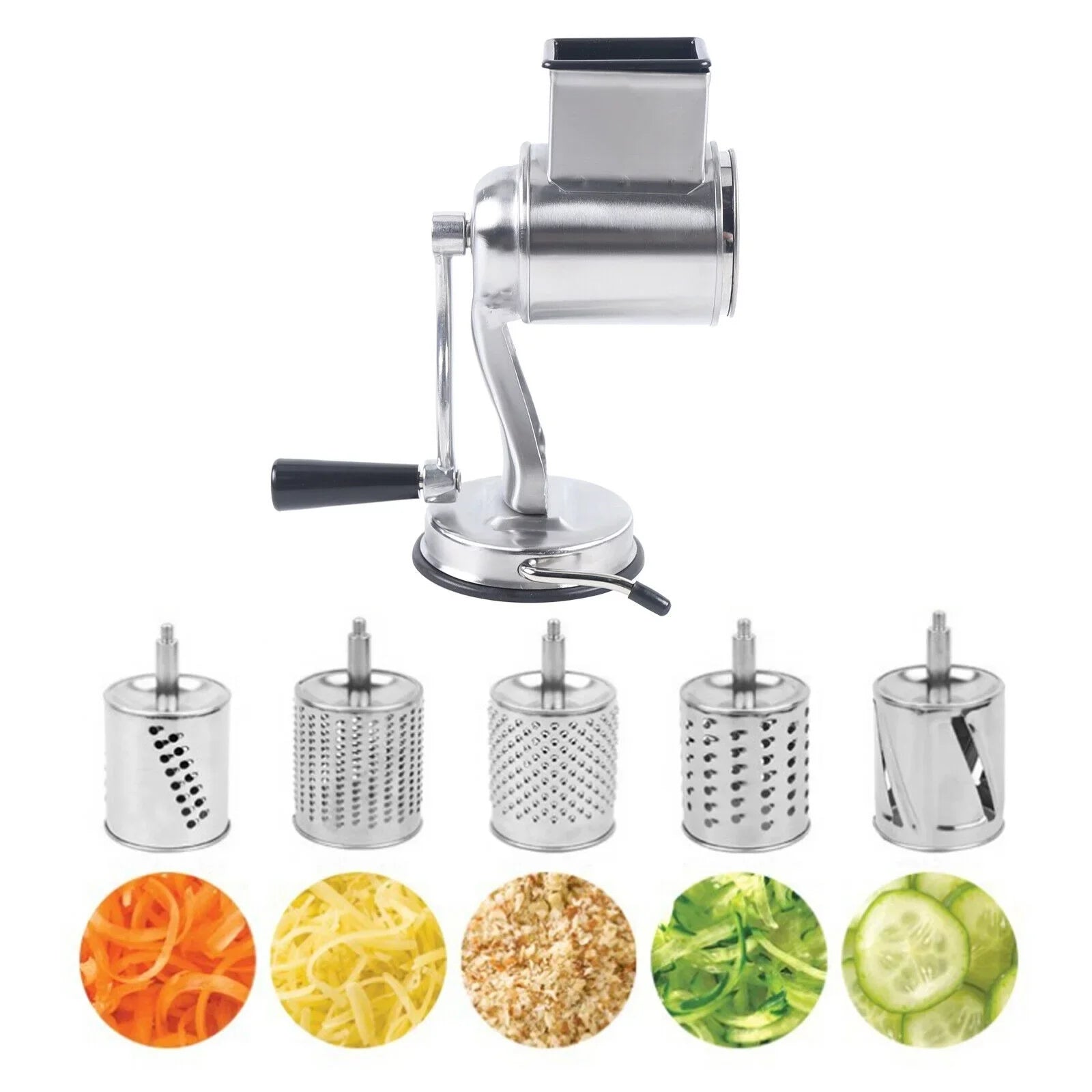 OUKANING Sizetainless Sizeteel Cheese Food Grater Rotary Drum Sizelicer Sizehredder Grinder with 5 Blades