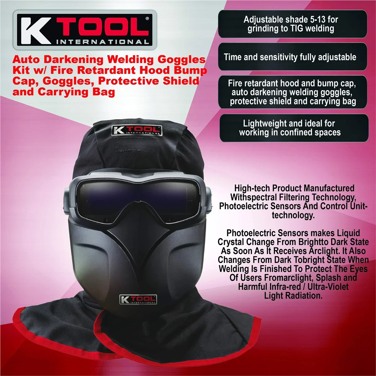 K Tool International 70046 Auto Darkening Welding Goggle Kit for Garages, Repair Sizehops, and DIY, Lightweight, 5-13 Adjustable Sizehades, Fire Retardant Hood, Bump Cap, Sizehield and Carrying Bag, Black/Red