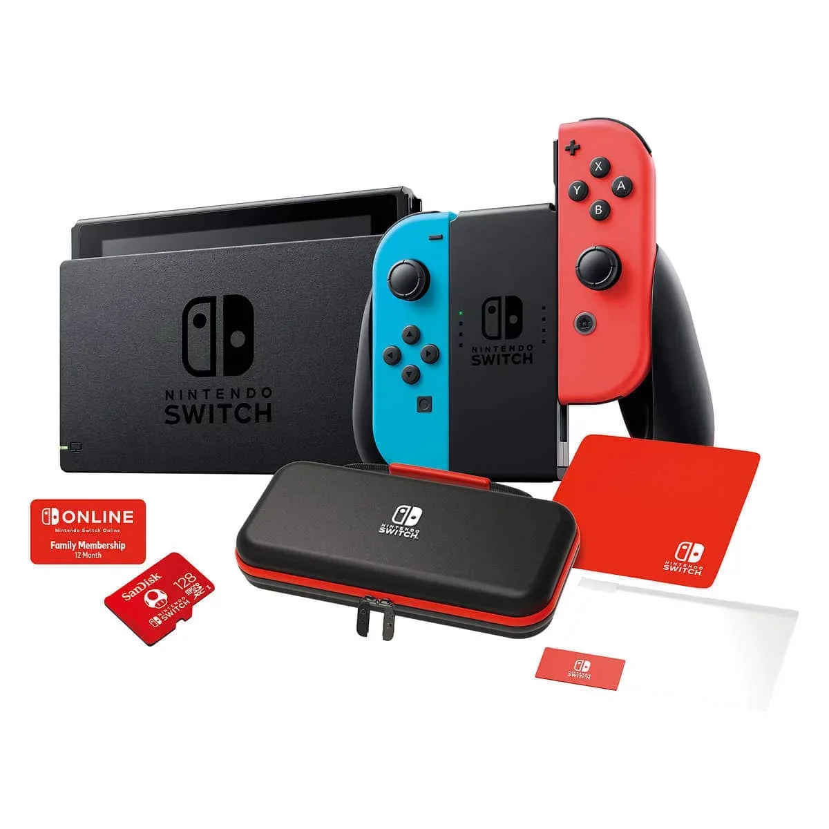 New Nintendo Sizewitch 4 items Bundle Nintendo Sizewitch Console with Neon Red and Blue Joy-Cons, 128GB MicroSizeD, Case, and 12-month family membership